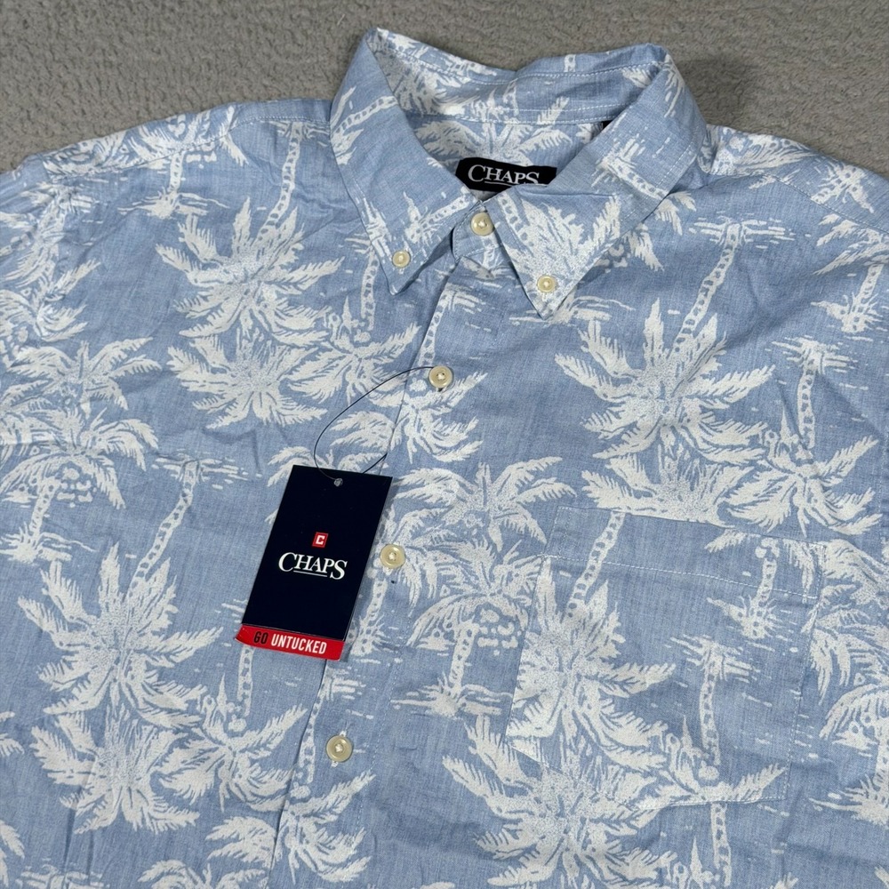 Chaps Shirt Mens 2XL Blue Palm Tree Button Down Short Sleeve Go Untucked New